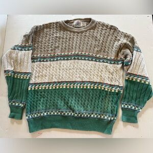 Vintage Knit Sweater with Green and Beige Accents